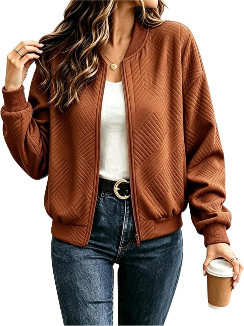 Women Caramel Chevron Textured Bomber Jacket Zip Up Lightweight Casual Fall Coat